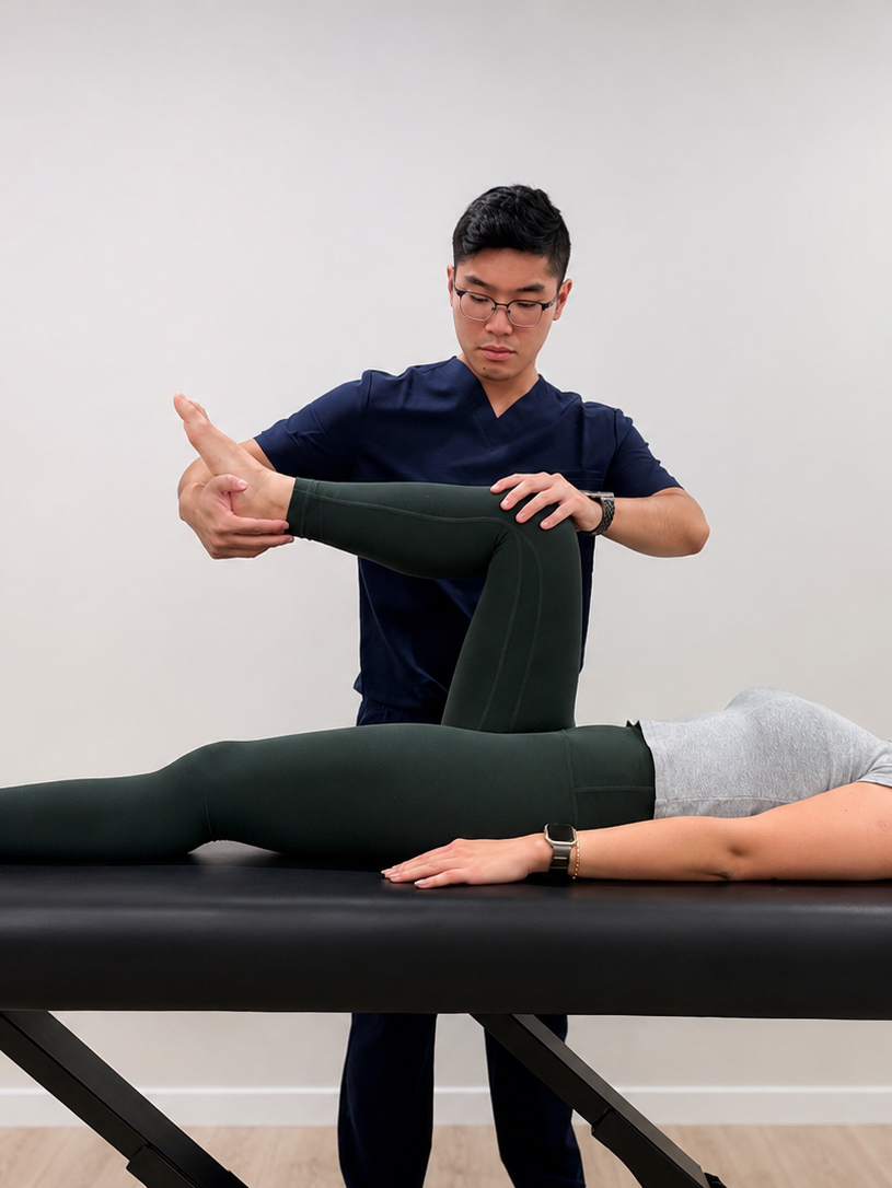Harrison performing a lower-limb physiotherapy assessment